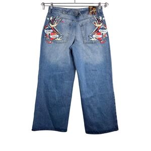 Ed Hardy Wide Leg Jeans baggy grunge Born Free Tattoo Graphic 90s Y2K sz 32